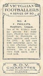 1933 Godfrey Phillips B.D.V. Victorian Footballers (A Series of 50) #4 Fred Phillips Back